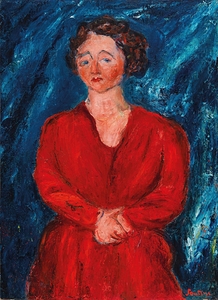 La Femme en Rouge au Fond Bleu [The Woman in Red with Blue Background] [circa 1928] by Chaïm Soutine [1893–1943]